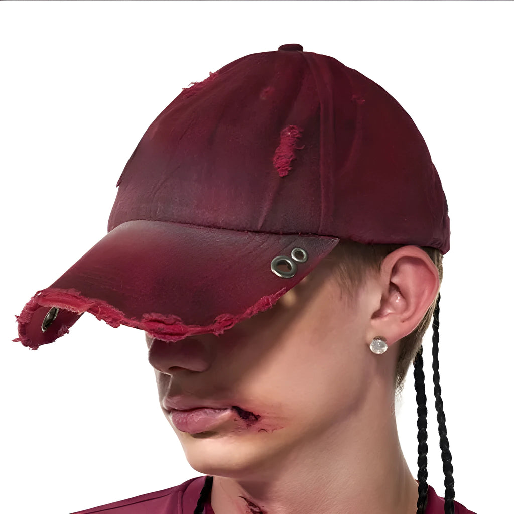 Rose red cotton peak cap with adjustable strap and spray design detail