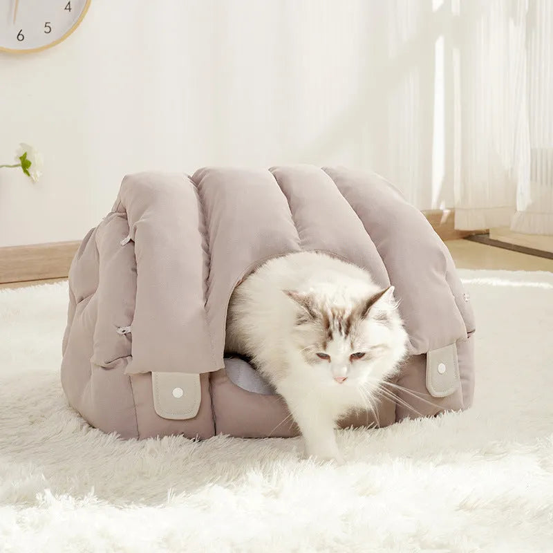 Grey arched cat nest with removable cover shown in both enclosed and open sofa configurations