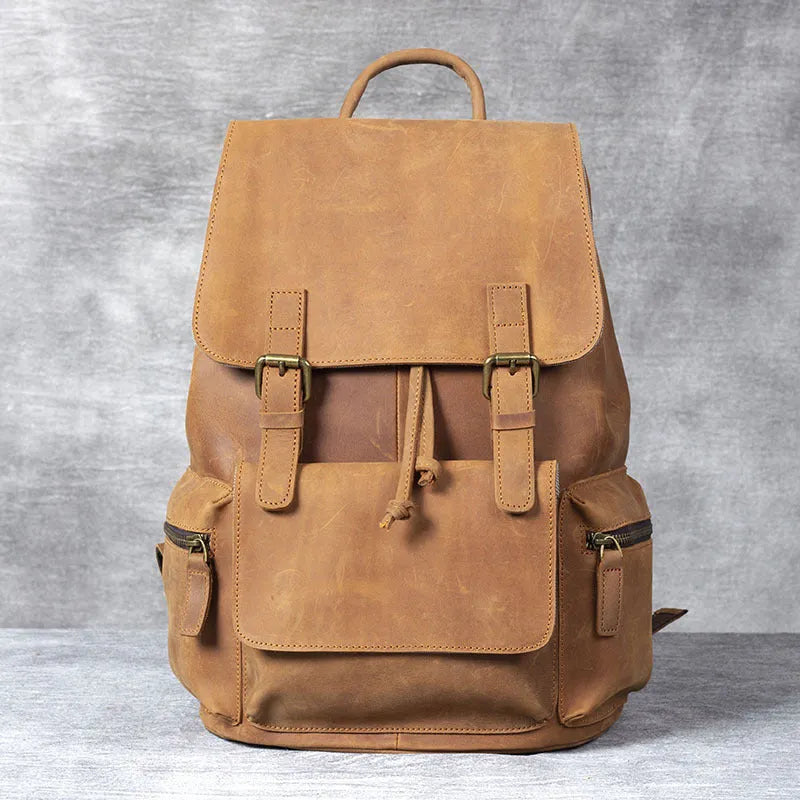 Brown retro crazy horse leather backpack with denim lining and double shoulder straps