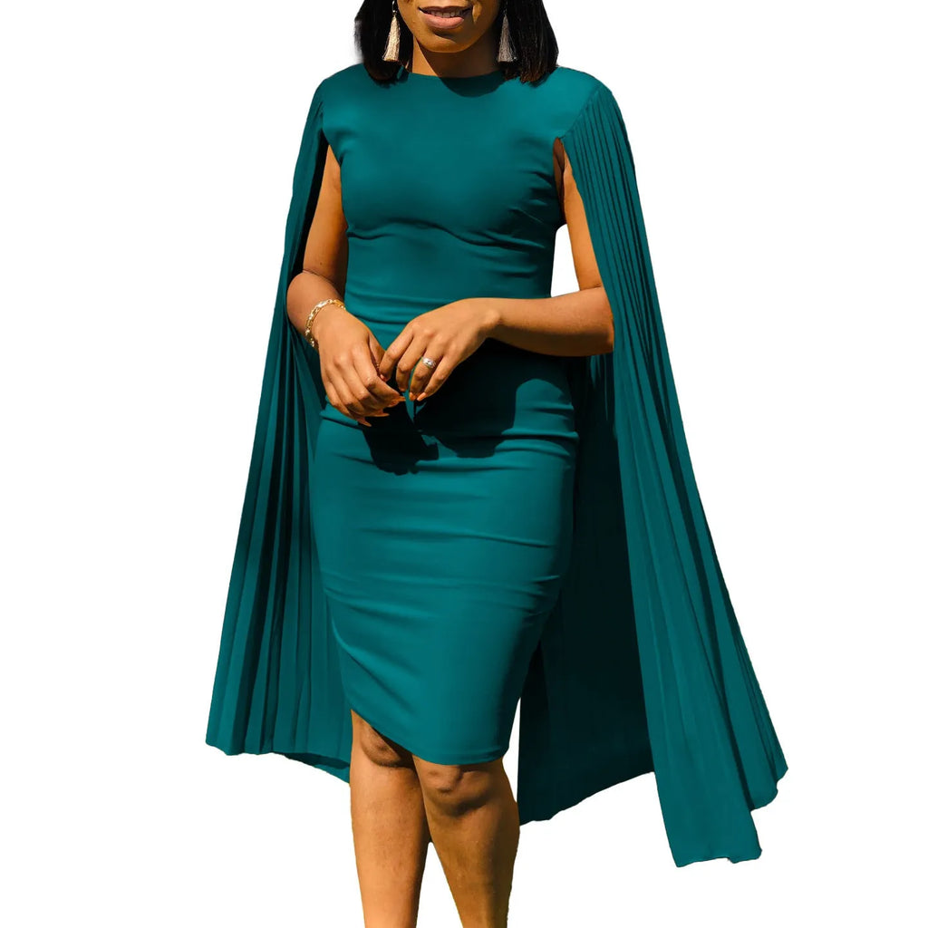Women's long sleeve yellow evening dress with a round neck, high waist, and pleated shawl detail.