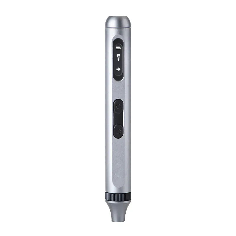 Compact aluminium electric screwdriver with display showing 134.5mm length and 52g weight