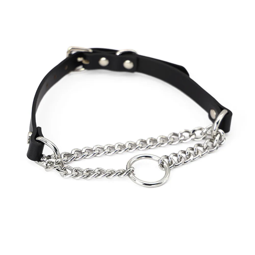 Black leather adjustable collar and matching leash with a hand grip rope.