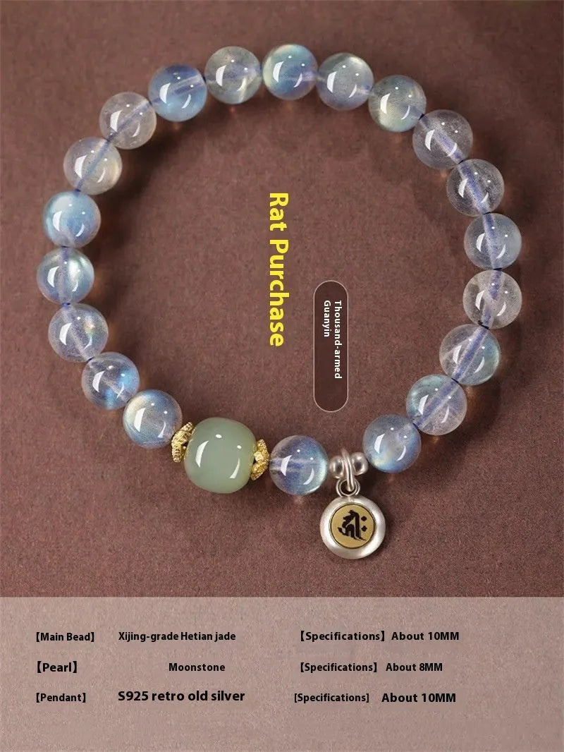 Moonstone birth Buddha beads bracelet with Thousand-Hand Kwan-yin mouse design and moonlight crystals