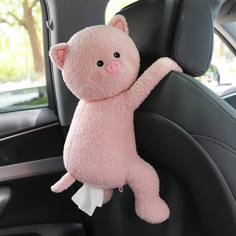 Plush car seat tissue holder with strap attached to vehicle seat back in animal design