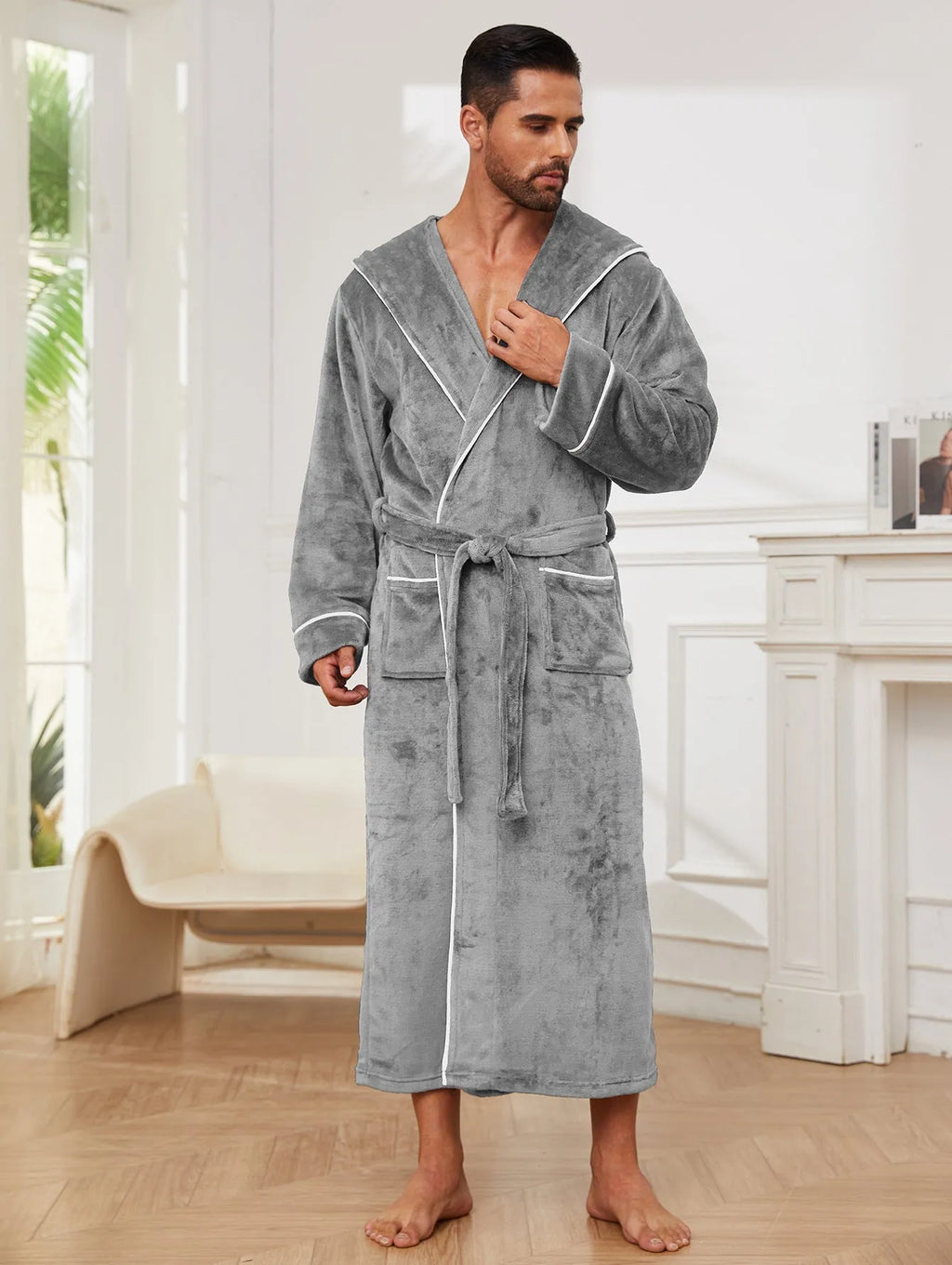 Men's flannel fleece bathrobe in light grey hanging on hook, European/American style