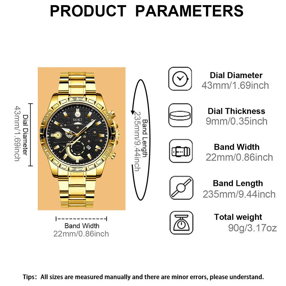 Gold-colour men's quartz watch with stainless steel strap and calendar on dial.