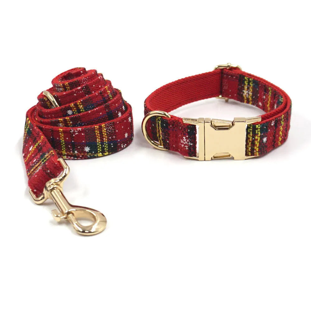 Red Christmas pet collar and harness set with matching leash, bow, and waste bag featuring laser-etched patterns