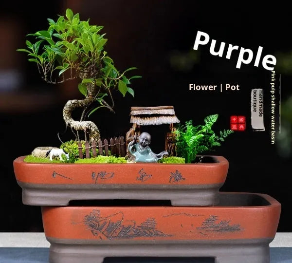 Rectangular non-woven fabric bonsai pot in blue with purple clay flowerpot for indoor plants