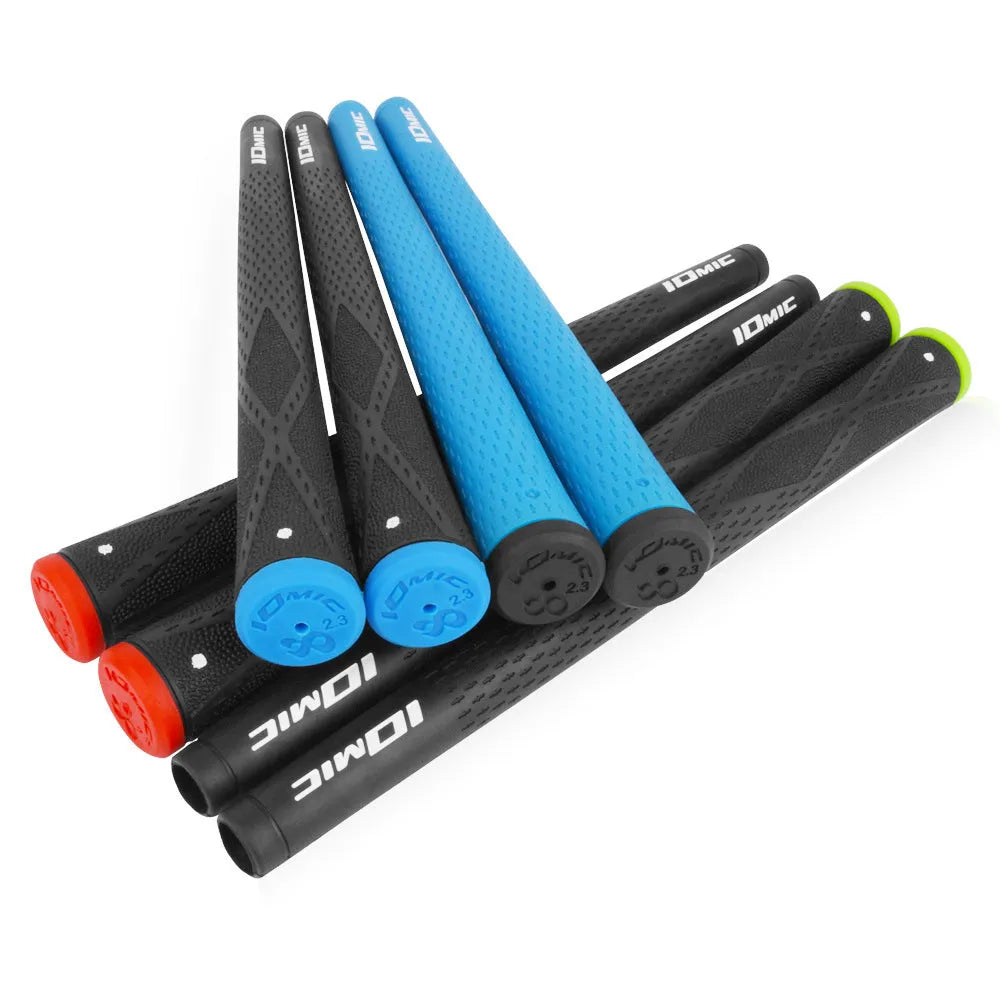 TPE golf club grip in various colours including pink, red, blue, white, and two-tone black with coloured head.