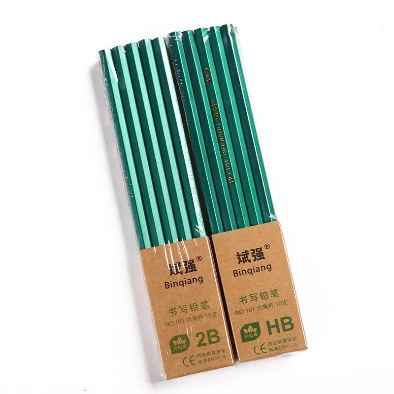 Box of 10 green hexagonal wooden pencils with HB and 2B graphite grades.