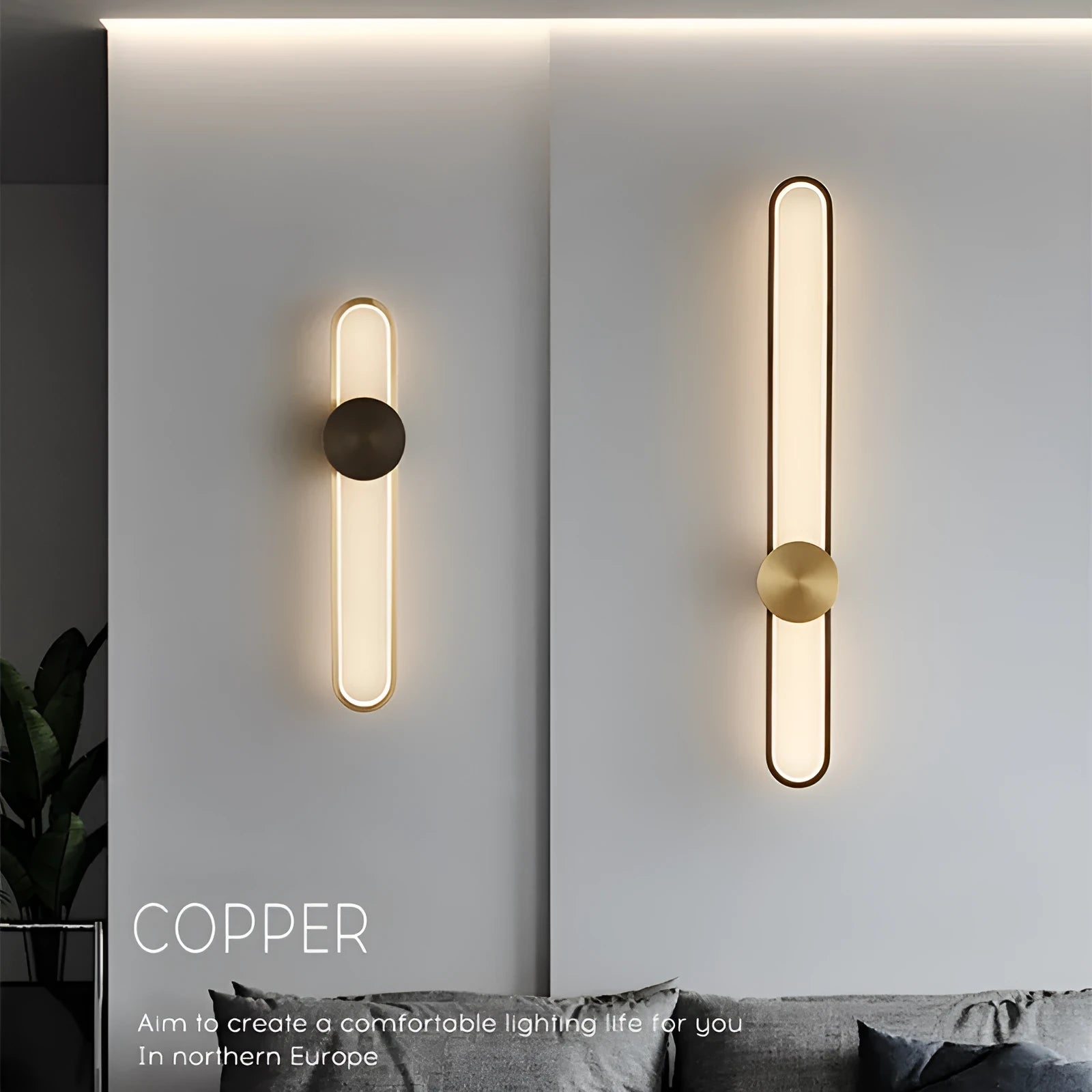 Modern minimalist circular wall lamp with iron shade in black or gold finish, 60cm diameter