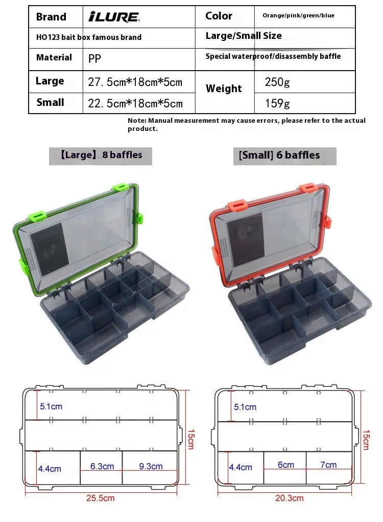 Transparent orange waterproof PP plastic fishing lure storage box with lures inside