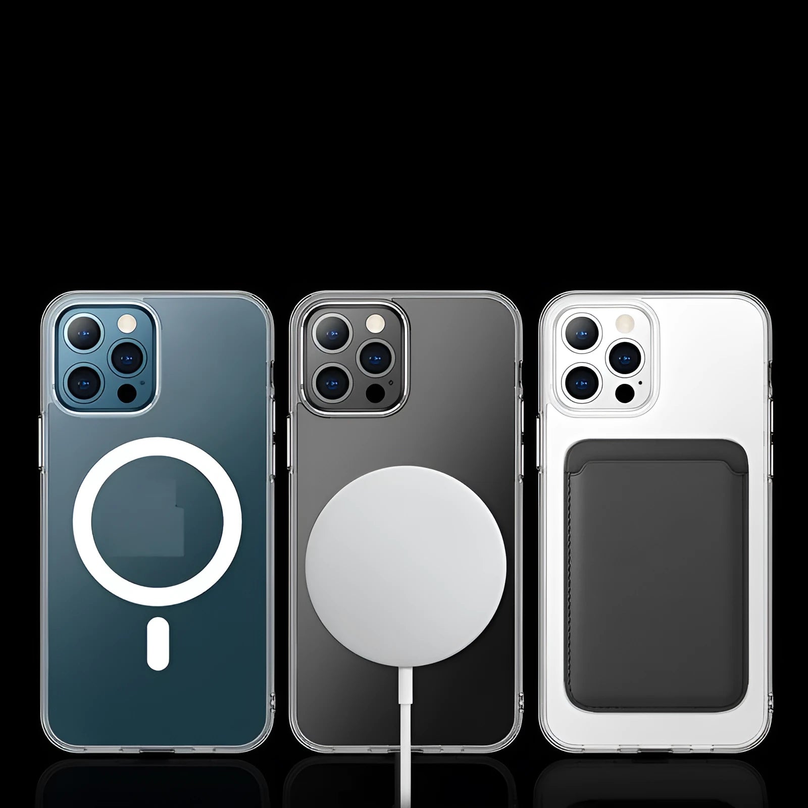 Full transparent magnetic phone case for iPhone, showing clear PC back cover design.