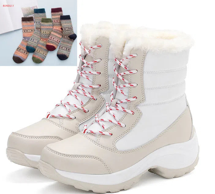 Women's high-top snow boots with cross strap, waterproof synthetic leather upper, and velvet lining, in black