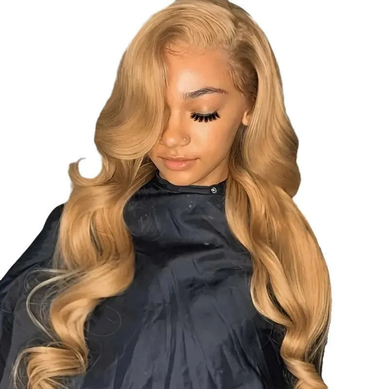 Light brown synthetic wig with golden waves and side bangs in exotic style
