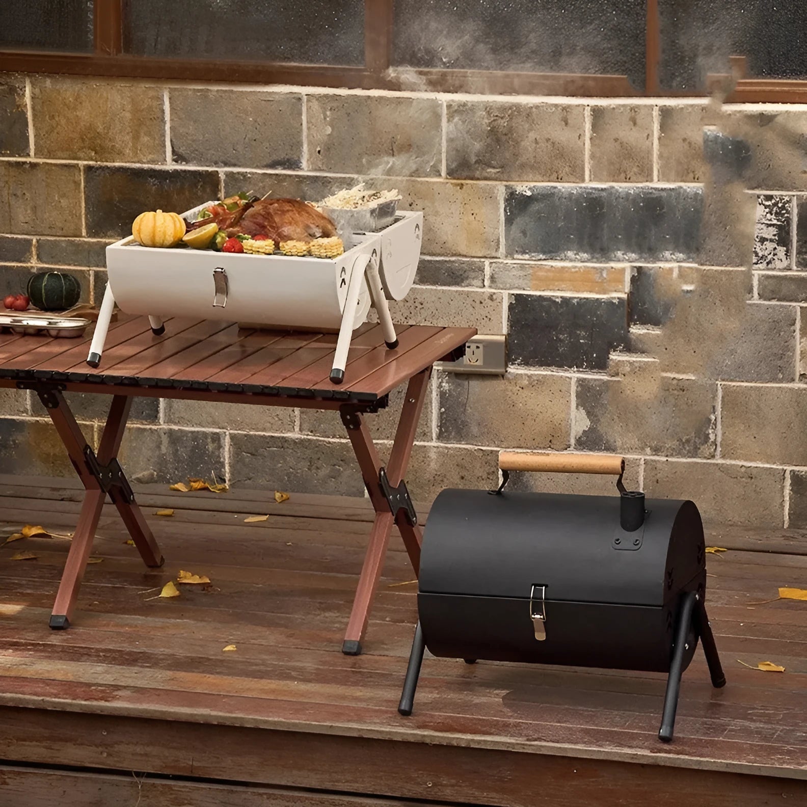 White round chimney oven portable grill for frying and baking with folding frame