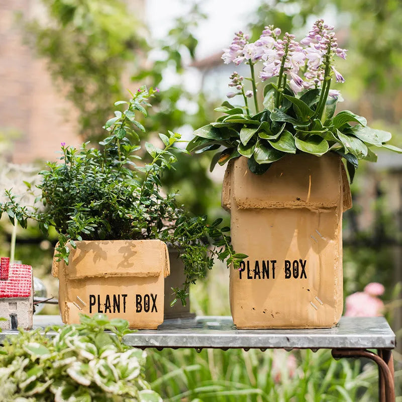 Cement brown paper box design flowerpot with pre-punched bottom drainage hole