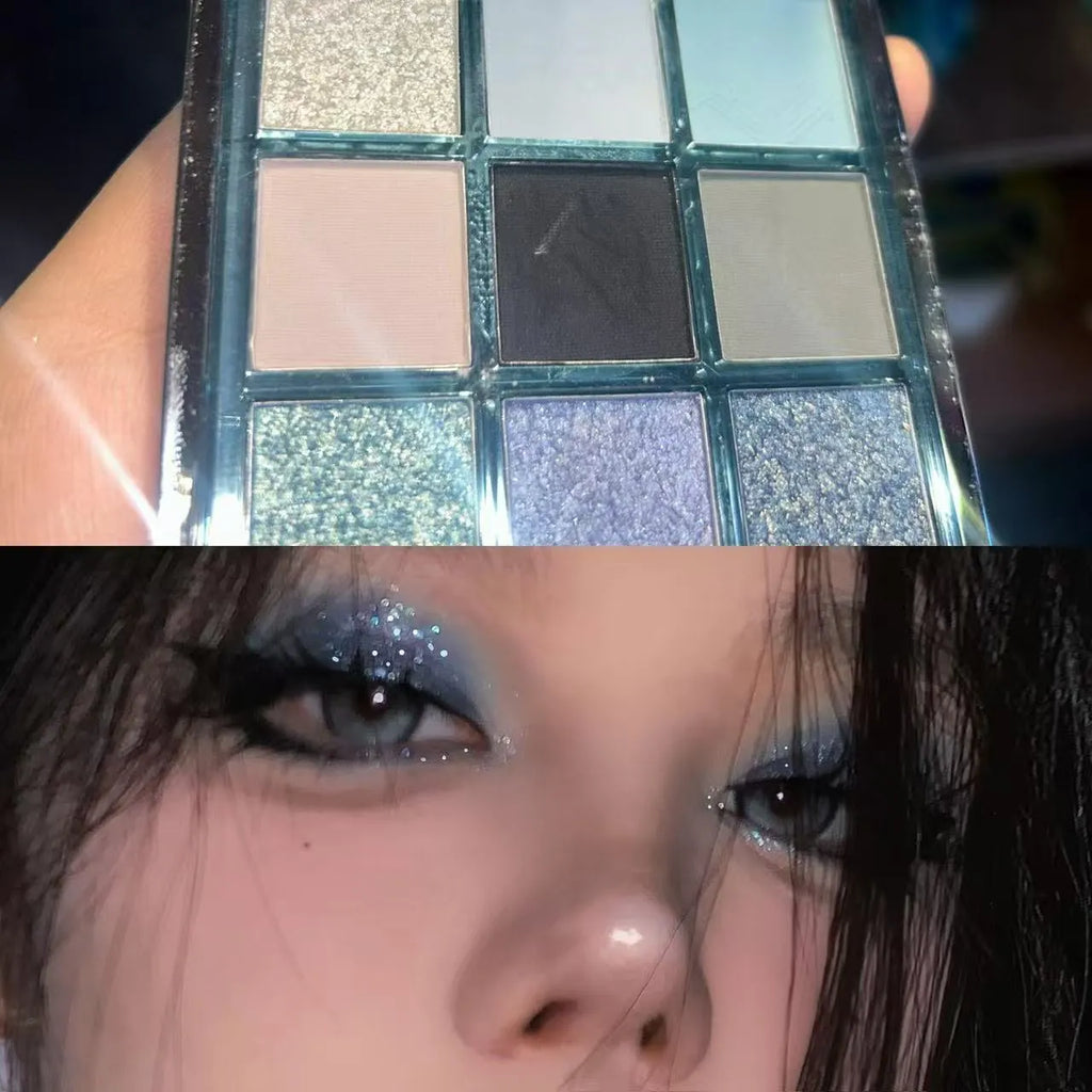 MUGELEEN nine-colour eye shadow palette open showing low saturation blue and complementary shades
