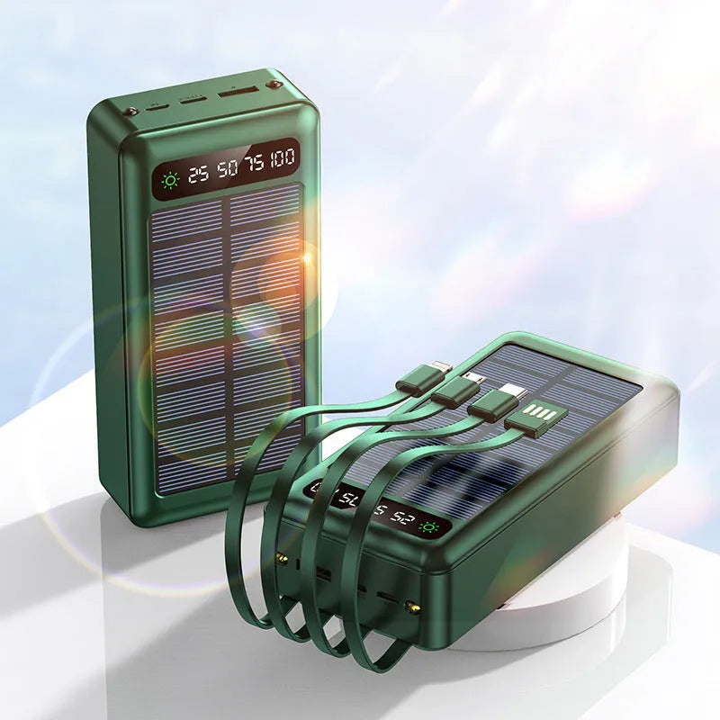 Solar power bank with 30000mAh capacity in industrial-style black plastic casing with charging cable