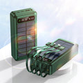 Solar power bank with 30000mAh capacity in industrial-style black plastic casing with charging cable