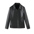 Men's black PU leather casual jacket with zipper pockets, loose fit design