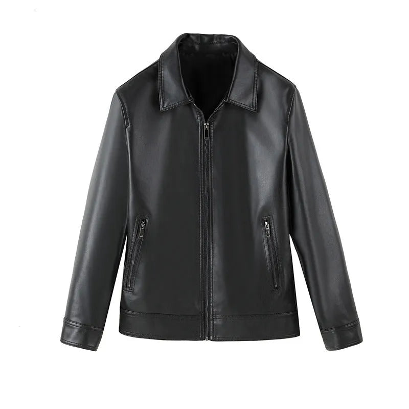 Men's black PU leather casual jacket with zipper pockets, loose fit design