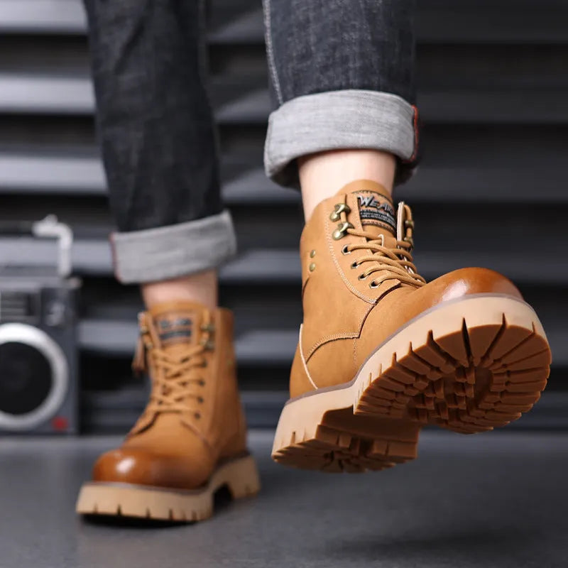 Men's brown leather Martin boots with side zipper, mid-heel, and non-slip rubber soles