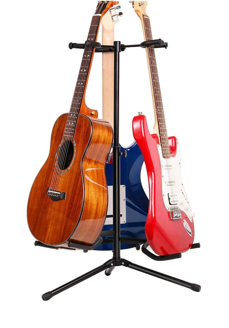 Black vertical double-headed adjustable iron guitar stand holding two guitars.
