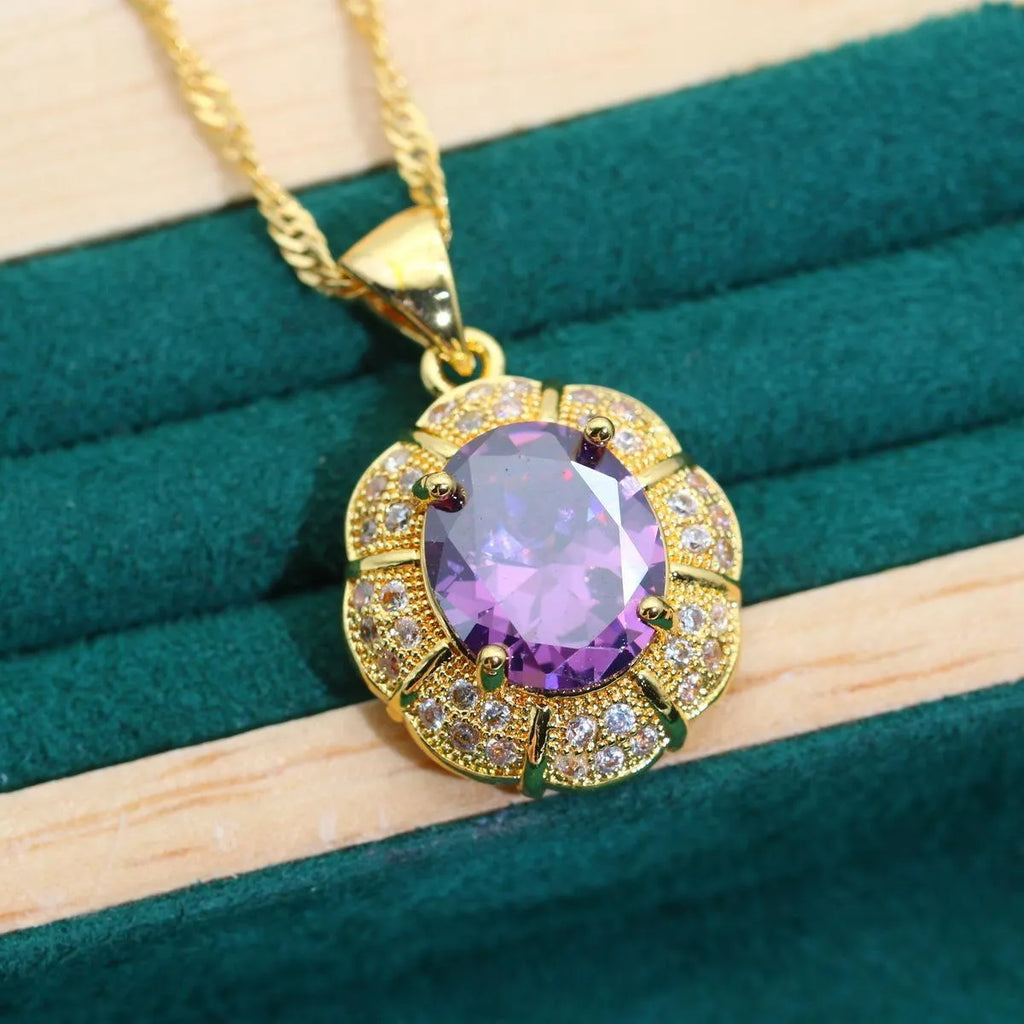 18k gold-plated zircon jewellery set showing ring, earrings, bracelet and necklace with multi-colour stones.