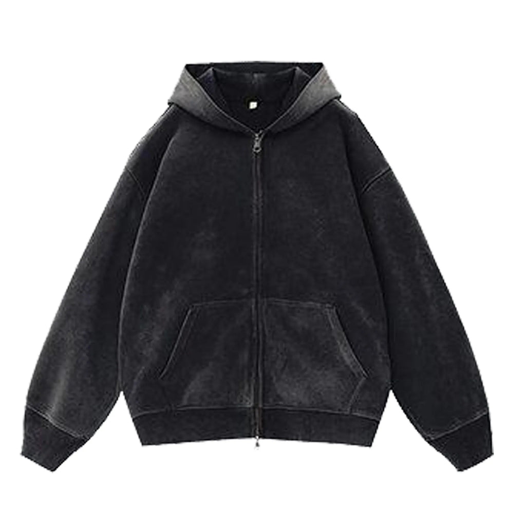 Woman's loose-fit fleece-lined cardigan sweater with a hood in a distressed colour, showing patch pockets and drop-shoulder sleeves.
