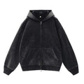 Woman's loose-fit fleece-lined cardigan sweater with a hood in a distressed colour, showing patch pockets and drop-shoulder sleeves.