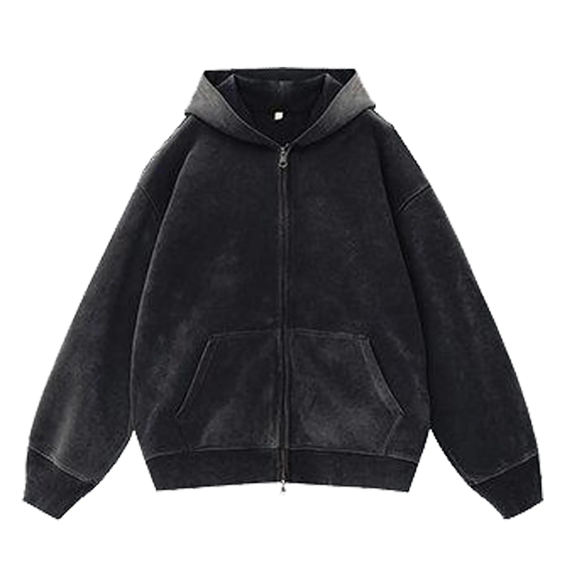 Woman's loose-fit fleece-lined cardigan sweater with a hood in a distressed colour, showing patch pockets and drop-shoulder sleeves.