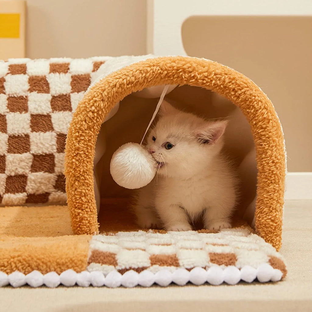 XL fan-shaped plush pet bed tunnel in a plaid pattern, showing a thick mat and tunnel opening.