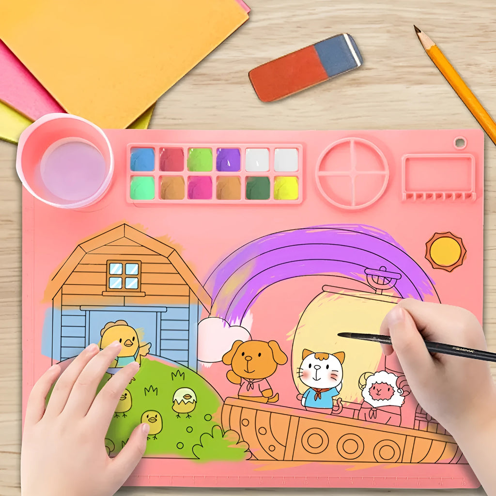 Silicone painting mat with optional mixing bowls for oil and watercolour artwork