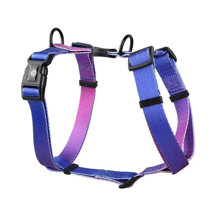 Gradient colour dog harness with polyester construction in purple, blue, neon, or green colour options