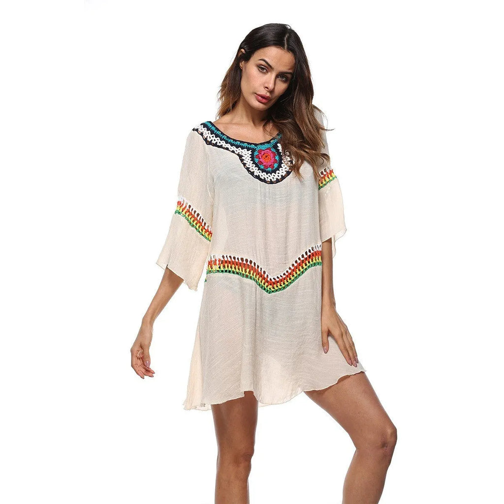 Crocheted ethnic style sun protection clothing for women in polyester beach wear