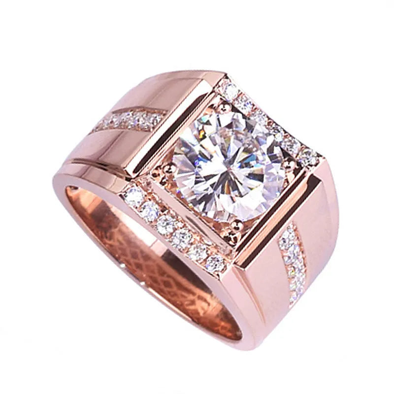 Men's adjustable geometric ring with high carbon zircon stones on a rose gold electroplated band.