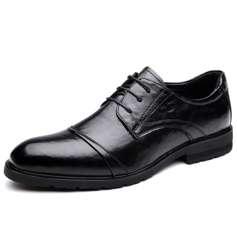 Men's business formal leather shoes with cow split leather upper, pointed toe, black colour, low shoe height on a white background