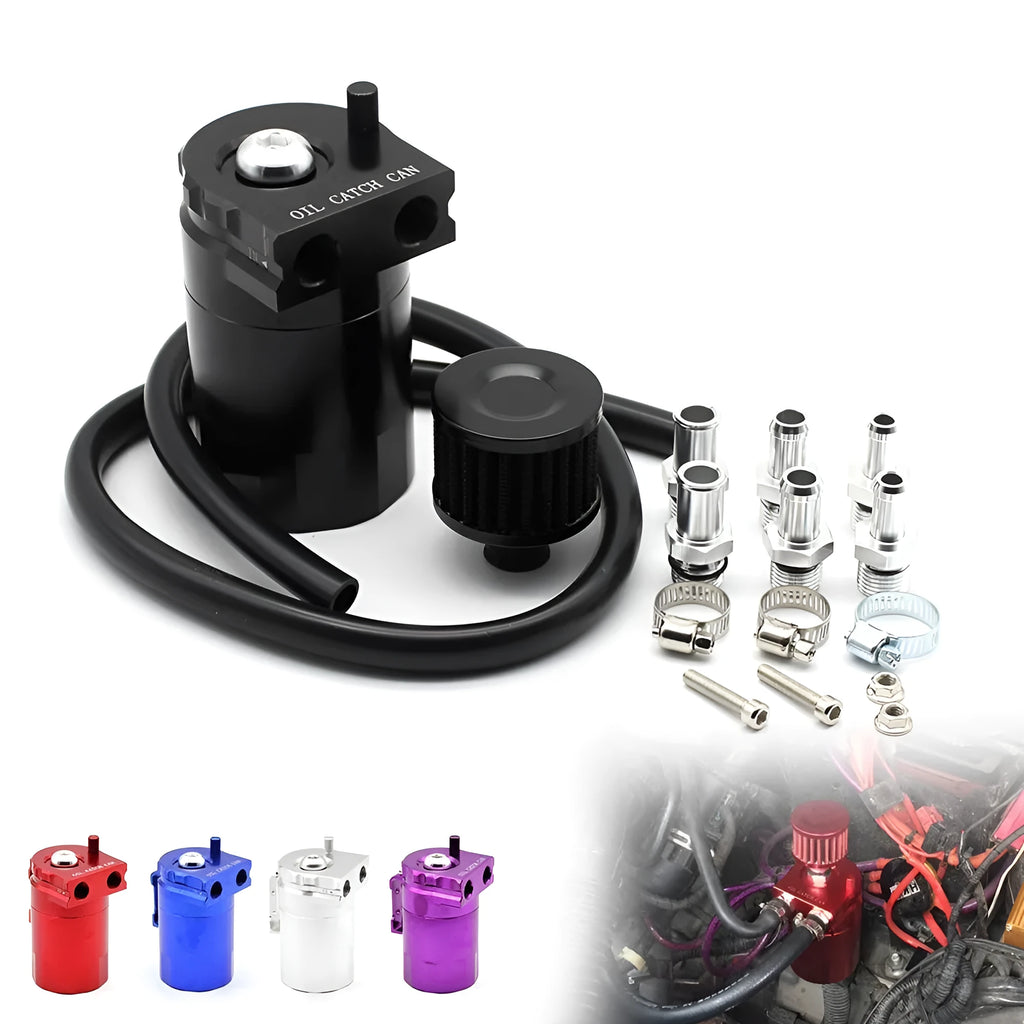 Aluminium alloy engine oil breathable pot breather kit in red, blue, black, and silver colours.