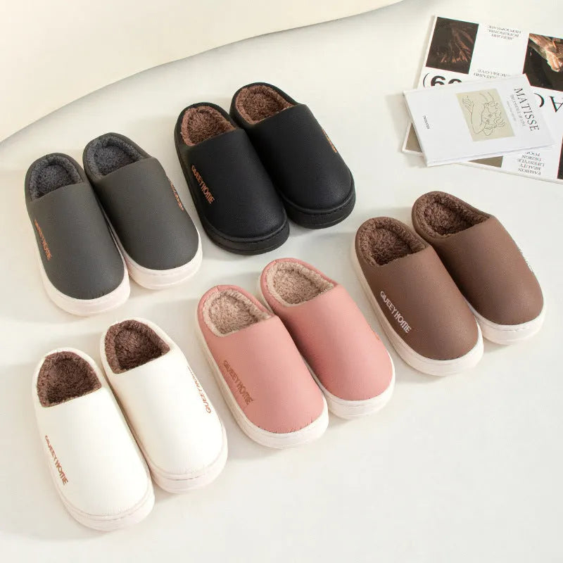 Men's winter fleece-lined slippers in brown with plush upper and non-slip PVC sole