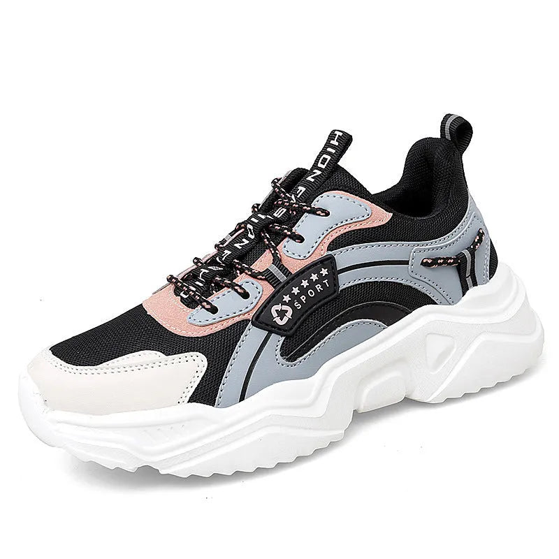 White and moonlight women's mesh casual sports shoes with thick sole, buckle detail, and round toe