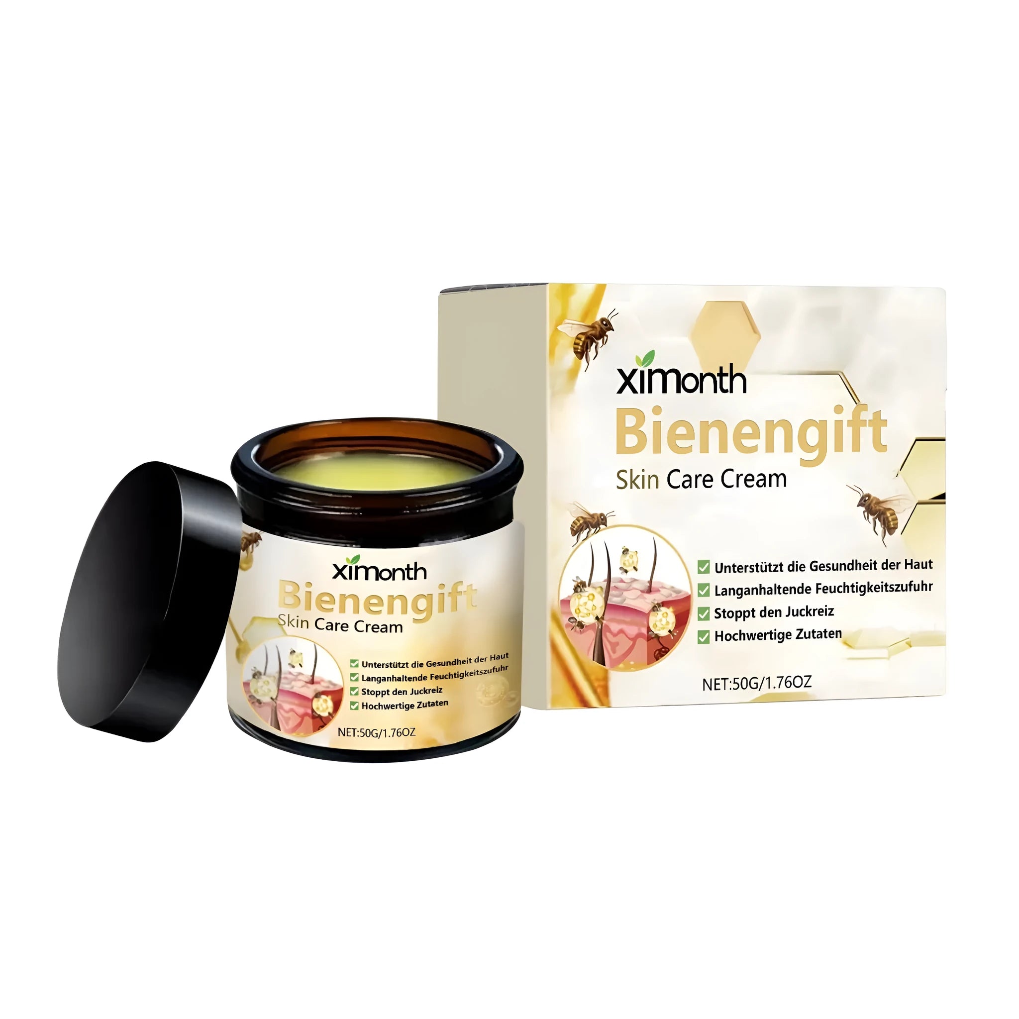 50g jar of skin care cream with mint leaves, bee venom and tea tree oil