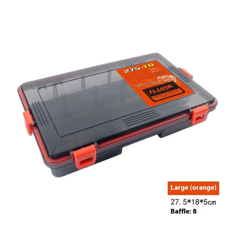 Transparent orange waterproof PP plastic fishing lure storage box with lures inside