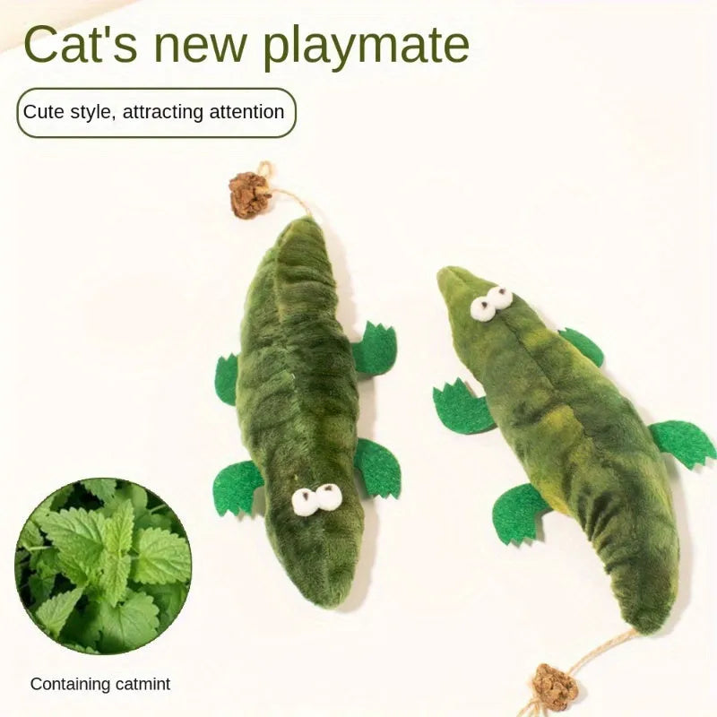 Green plush alligator catnip toy with plant-based materials and peppermint scent