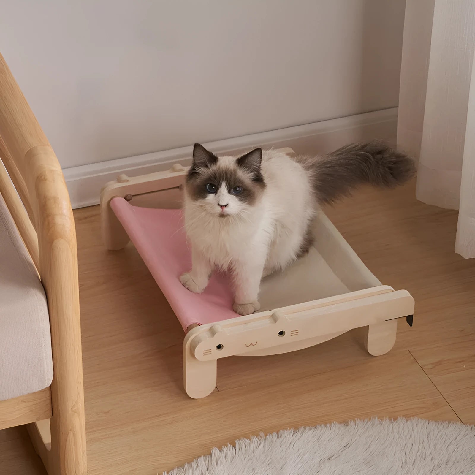 Solid wooden cat bed with removable fabric cover in selected colour option