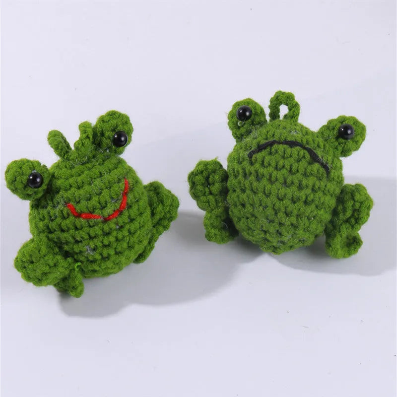 Handmade woven plush frog pendant for car interior in green cartoon style