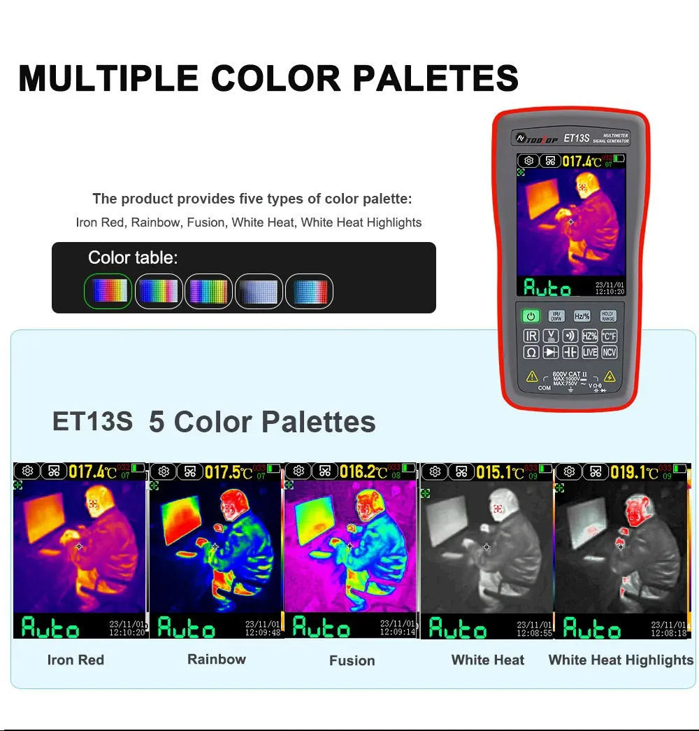 ET13S thermal imaging multimeter showing 192x192 resolution display with touch screen interface
