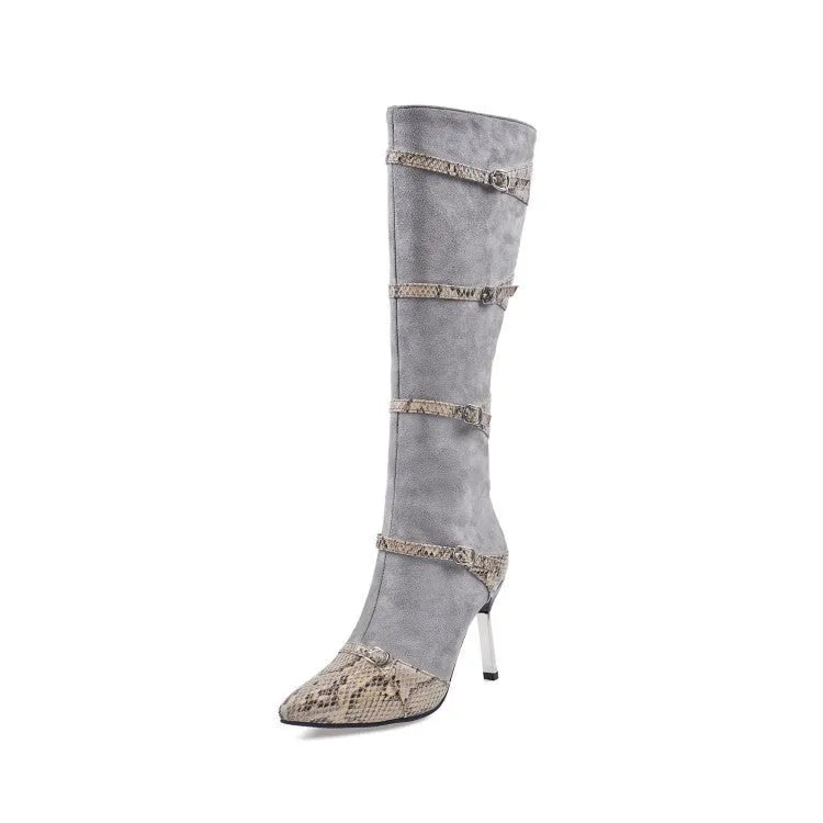 Women's knee-high black boots with thin 9cm heels and pointed toe design