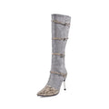 Women's knee-high black boots with thin 9cm heels and pointed toe design