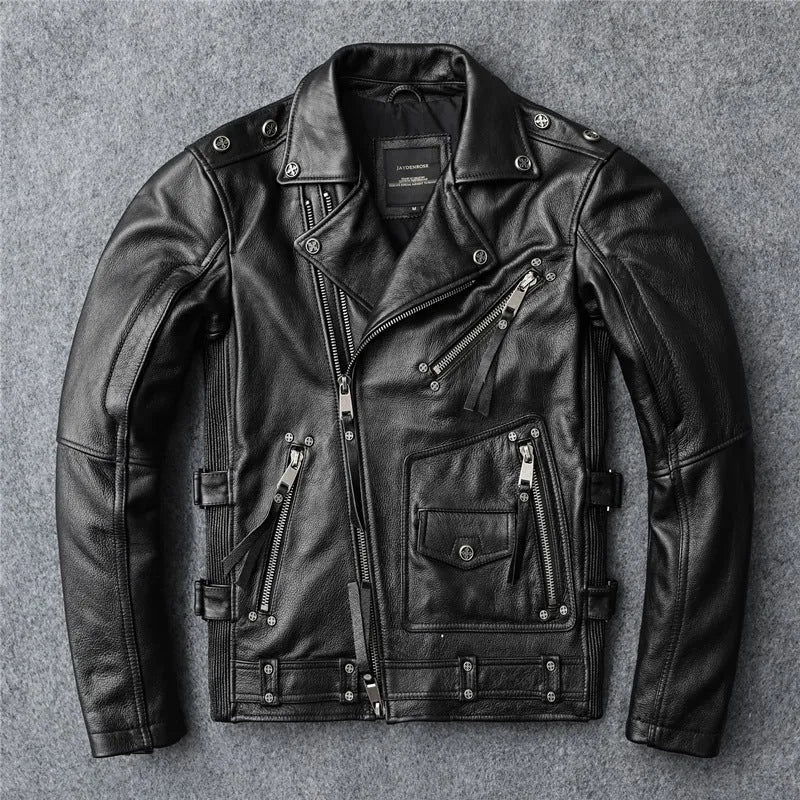 Men's slim fit black first layer cowhide biker's leather jacket with straight hem